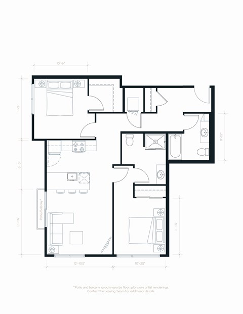 Floor plan for 2 beds, 2 baths, 933 sqft